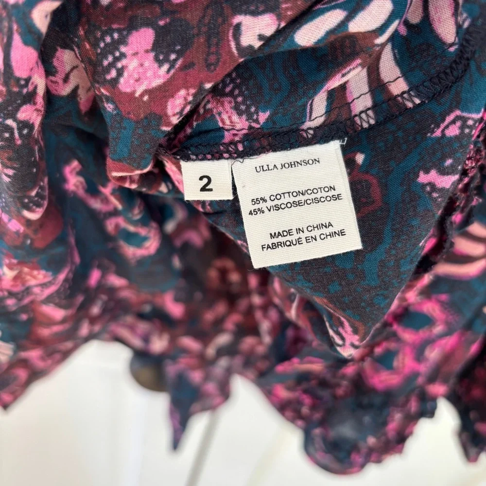 ULLA JOHNSON Amalia Midnight Floral Midi Skirt Tiered Ruffle Pink Navy Size‎ 2